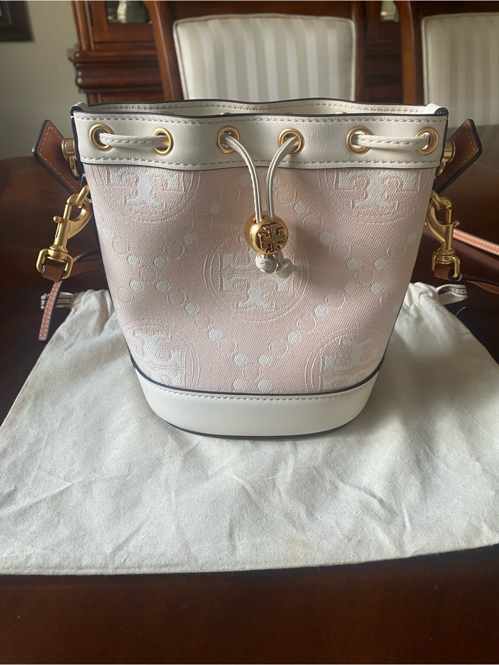 Tory Burch Pink and White Mini Bucket Crossbody